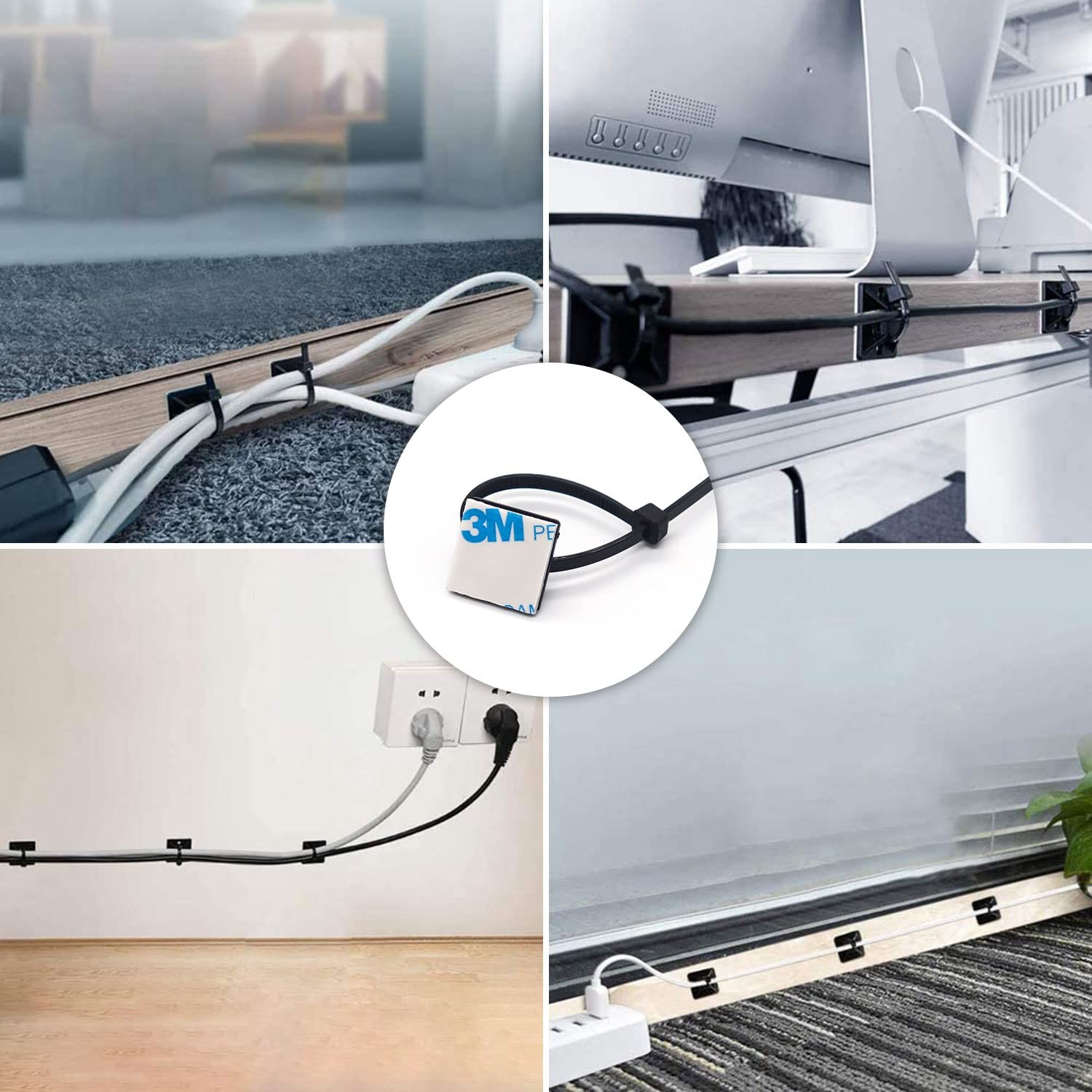 Strong Back-Glue Self Adhesive Cable Zip Tie Mounts Kit - 100 Set Cable Manag...