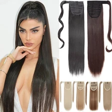 Ponytail Clip In as Real Human Hair Extensions Wrap Around Pony Tail Straight US