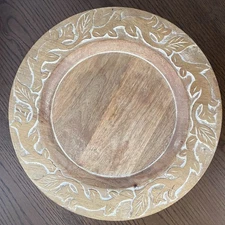 Set of 6 Pier 1 Imports Wooden Charger Plates Whitewashed Carved Leaves 14"