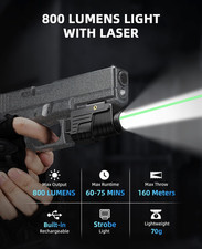800 Lumens Pistol Light Laser Combo Rechargeable, Compact Pistol Flashlight w...