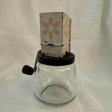 Vtg 6&rdquo; Androck Hand Crank Rotary Nut Grinder With Glass Jar And Floral Metal Top