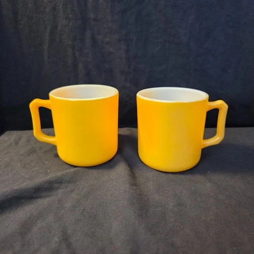 Lot Of 6 Hazel Atlas Colored Milk Glass Small Mugs- 2 Yellow, 2 Orange, 2 Teal