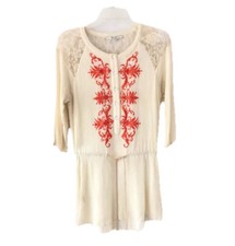 Miss Me Women’s Mini Dress M Cream Crinkle Gauze Embroidered Boho Festival