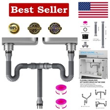 Flexible Expandable P-Trap Kit for Double Kitchen Sink Drain - Fits 1 1/2" or 1