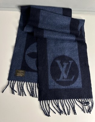 Louis Vuitton Wool Cashmere Muffler Scarf Lv Logo Blue | eBay