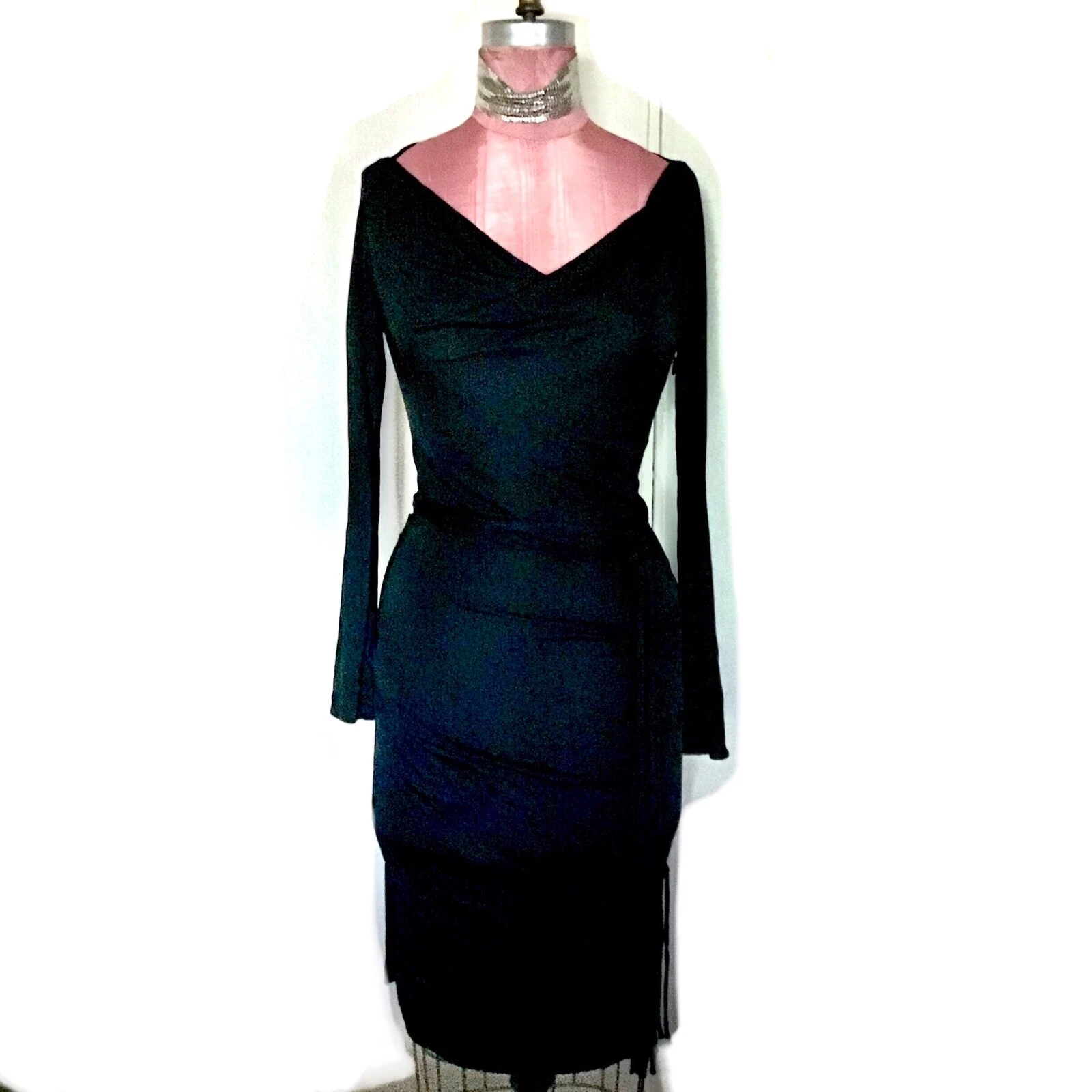 Robe collante drapée noire Gucci Midi avec ceinture frangée taille S