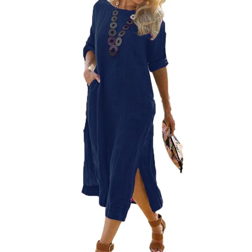 Womens long Sleeve Cotton Linen Midi Dress Ladies Casual Baggy Summer Sundress - Picture 5 of 15