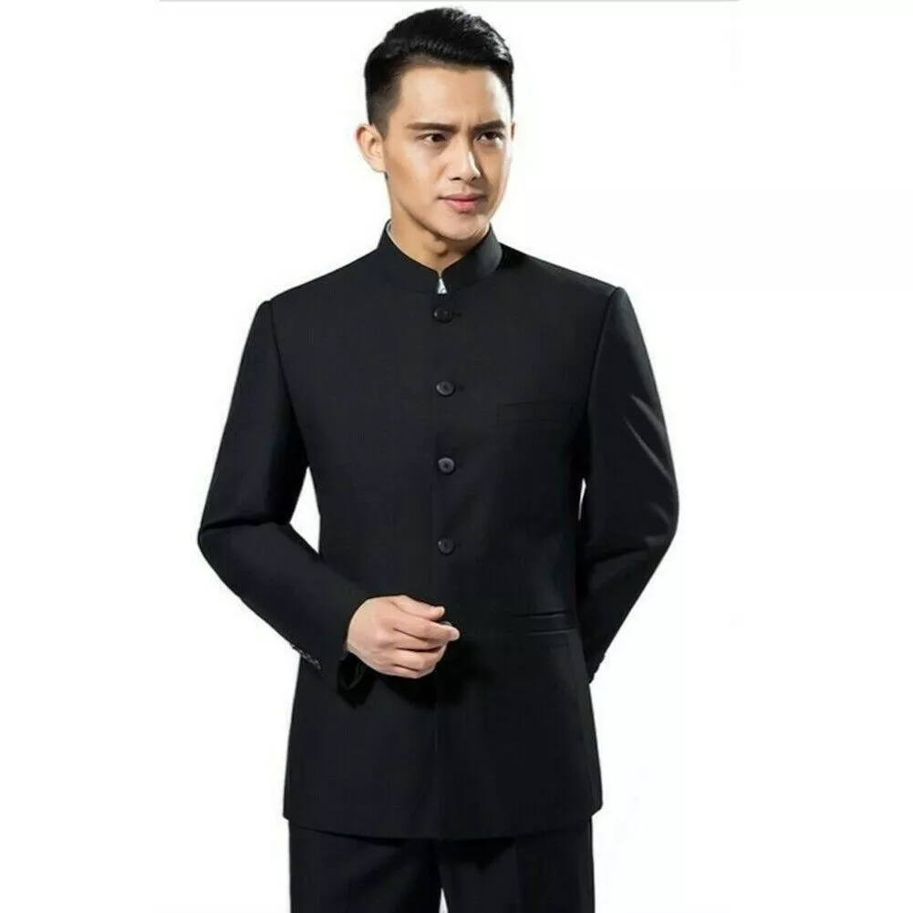 Mens Single-Breasted Jacket Suit Chinese Zhongshan Coat Mandarin Collar