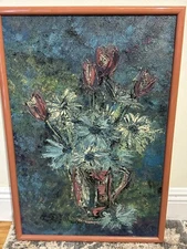 VTG Still Life Floral Daisy Tulip Oil Painting On Canvas 17x25.5” By Fisher 1964