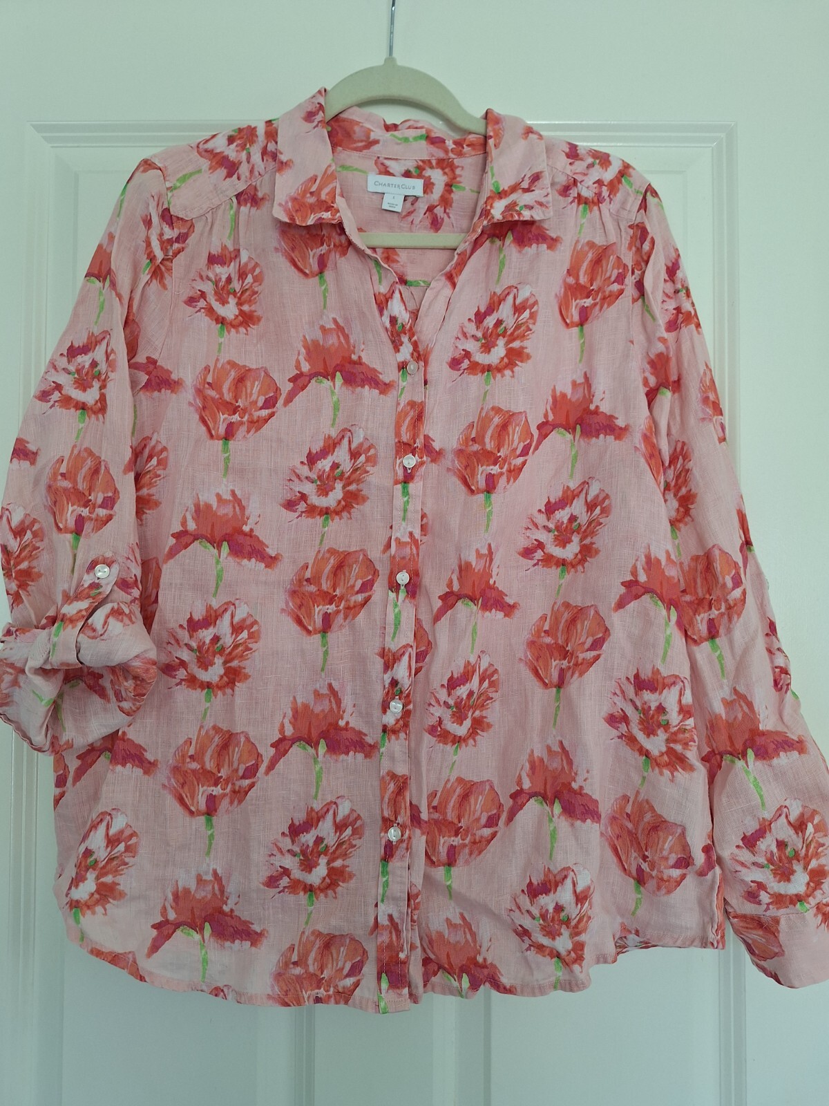 charter club 100% linen button up blouse floral print long sleeve size L