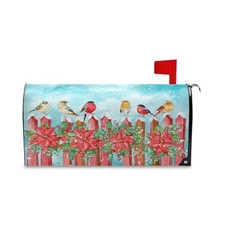 Winter Cardinal Birds Mailbox Cover Standard Size Christmas Poinsettia Snowfl...