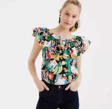 J. Crew Ruffle Top Postcard Print Blouse Cotton Women's 14