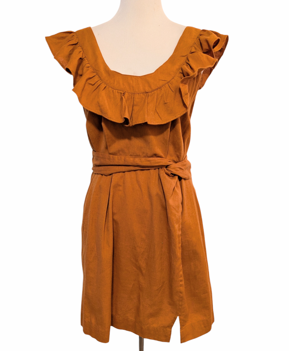 Free People Womens Sz S Rust Orange Ilara Ruffles Belt Mini Cotton Linen  Dress | eBay