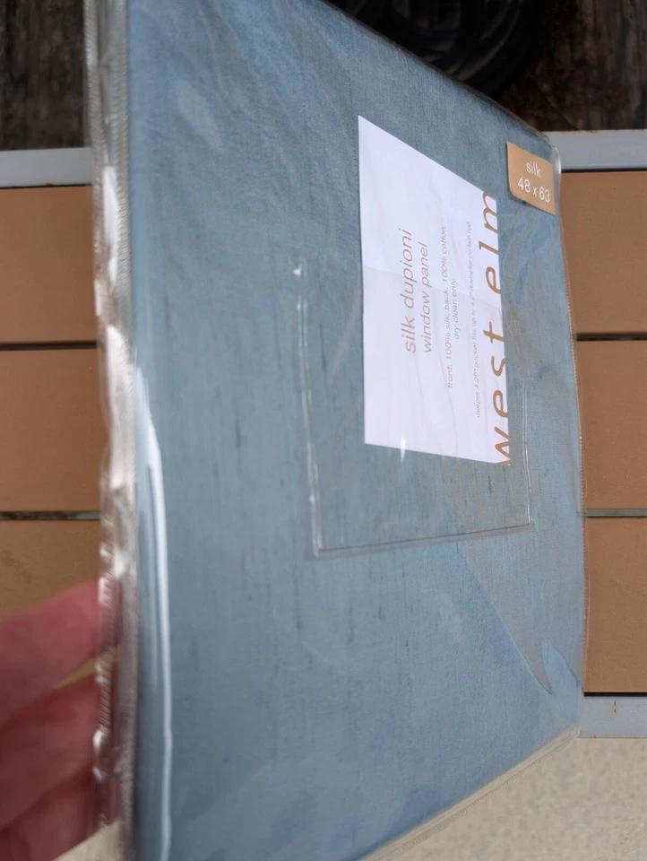 West Elm Dupioni Silk Curtains Drape 48x63 Slate Blue with Cotton Lining - Image 4 of 4