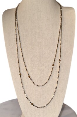 1928 Long Layered Multi Chain Station Necklace Gold Tone