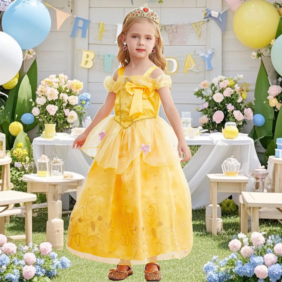Girls Belle Fancy Dress up Cosplay Costume Party Princess Birthday Outfit Gifts - Image 2 of 4