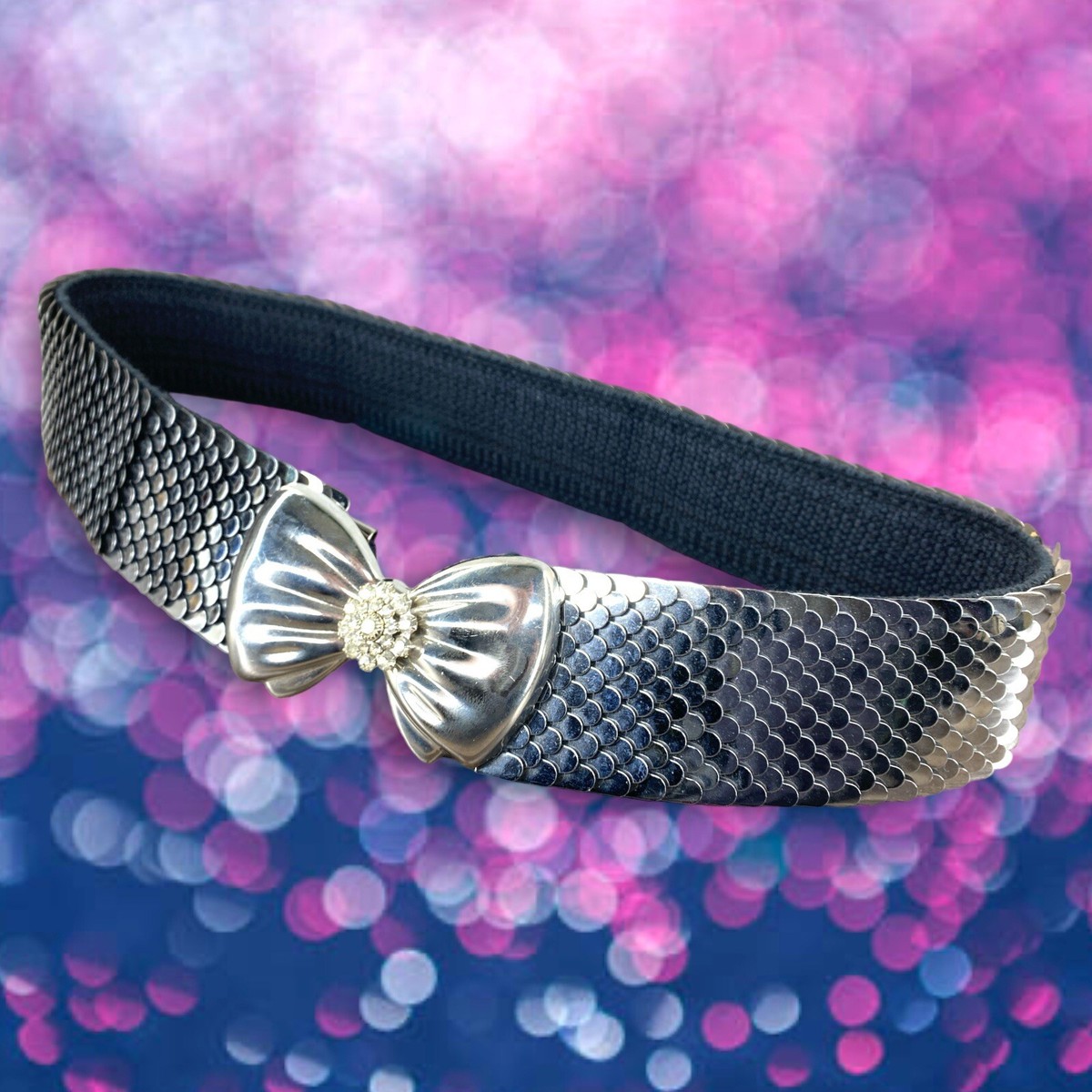 belt fish scale silver jeweled buckle elastic Vintage Silver Tone Fish Scale Stretch Womans Figure Hook  main image 3