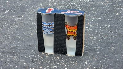Vintage Six Flags Great America Raging Bull + Iron Wolf shot glass pair NIB