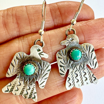Navajo Thunderbird Earrings Turquoise 1.5in Yazzie Stamped Dangle Matte Sterling