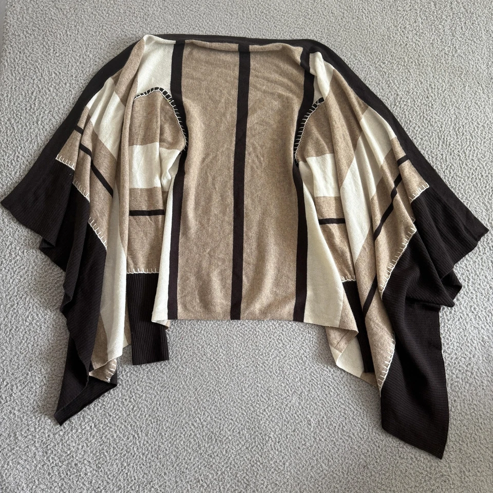 Cullen 毛衣女式中号棕色象牙条纹 100% 羊绒开放式开衫 — 第 2/4 张图片