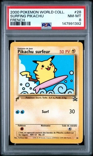 2000 POKEMON PIKACHU WORLD COLLECTION FRENCH #28 SURFING PIKACHU PSA 8
