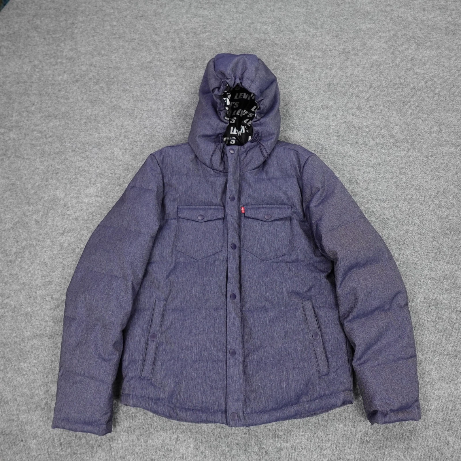 Levis Jacket Mens Small Blue Hooded Puffer Quilted Logo Insulated Polyester