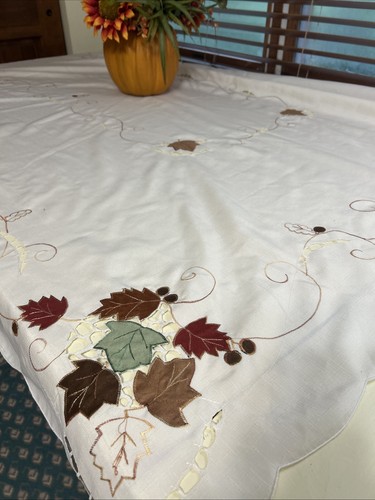 60” x 144” Fall Embroidered Tablecloth – Leaf Appliqué & Cutwork – Thanksgiving - Picture 2 of 4