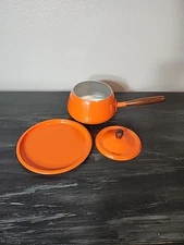 Vintage 70s Fondue Pot With Lid Orange With Wood Handle & Stem