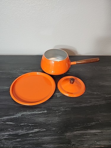 Vintage 70s Fondue Pot With Lid Orange With Wood Handle & Stem