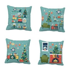Set of 4 Throw Pillow Covers Green Modern Creative Christmas Tree and Mid