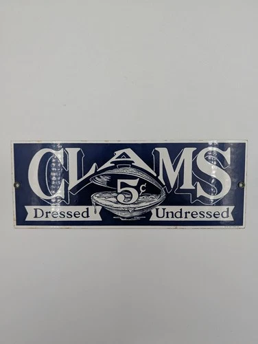Vintage Ande Rooney CLAMS 5 CENTS DRESSED & UNDRESSED Porcelain Metal Sign