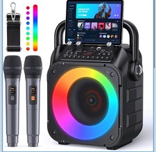 Karaoke Machine 15W Portable Bluetooth Speaker W/Wireless Microphones LED