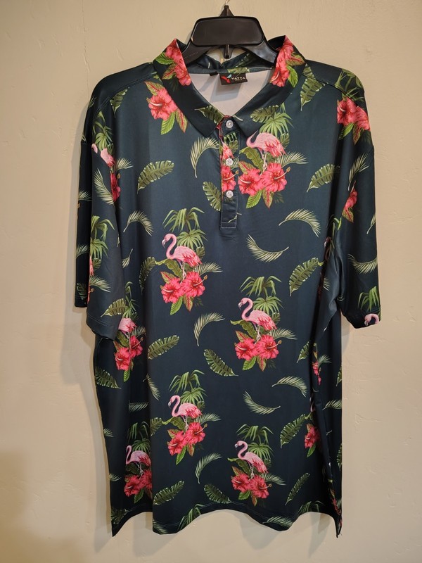 Yatta Golf Men's 2XL Green Flamingos Short Sleeve Polo Golf Shirt NWOT Stretch