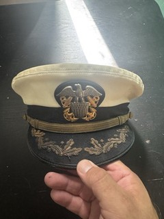 WW2 Navy Militaria White & Black Peaked Cap Hat w/ Eagle Badge Embroid Visor