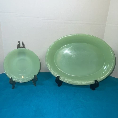 Vintage Fire King Jane Ray Jadeite Oval Serving Platter & 1 Plate Ribbed VGC