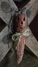 Primitive Jack-o-lantern Pumpkin Head on Corn Cobb Metal Hang Colonial Halloween