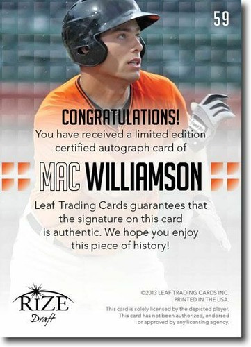 MAC WILLIAMSON 2013 Rize Rookie Autograph PURPLE Auto RC #/5 - Picture 2 of 2