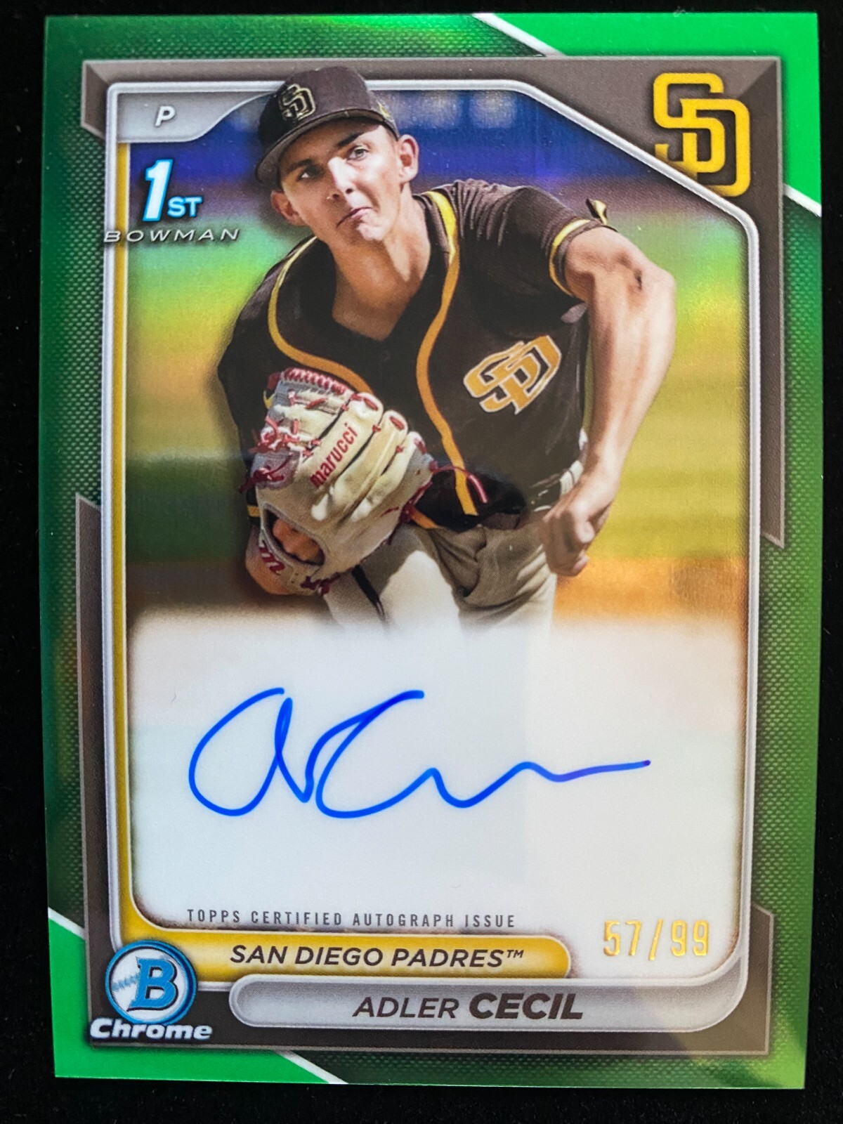 2024 Bowman Chrome ADLER CECIL 1st Rookie GREEN REFRACTOR AUTO #/99 Padres RC SP