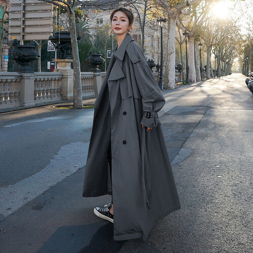Lockerer Oversize Langer Damen Trenchcoat Zweireiher Gürtel Umhang 2020 - Bild 12 von 13