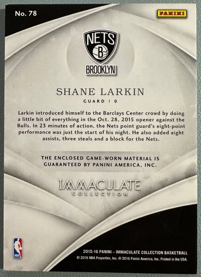 SHANE LARKIN 2015-16 Colección Inmaculada Jumbo Juego Usado Parche Números 05/10 Foto 2 de 2