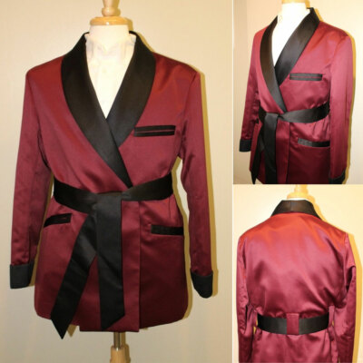 Men Smoking Jacket Burgundy Black Silk Satin Fully Lined With Belt Prom Suits