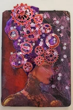 Mixed Media Collage Art Card ACEO ATC STEAMPUNK #2 Pink Gears Stars
