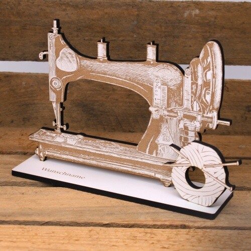 Geldgeschenk Vintage Nähmaschine mit Wollknäuel - inkl. Wunschname - Schild für 