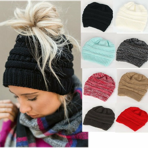Women's Ponytail Beanie Ribbed Winter 
