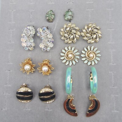Vtg Clip On Earring Lot 8 Pairs AB Crystal Enamel Moss Jade Faux Pearl
