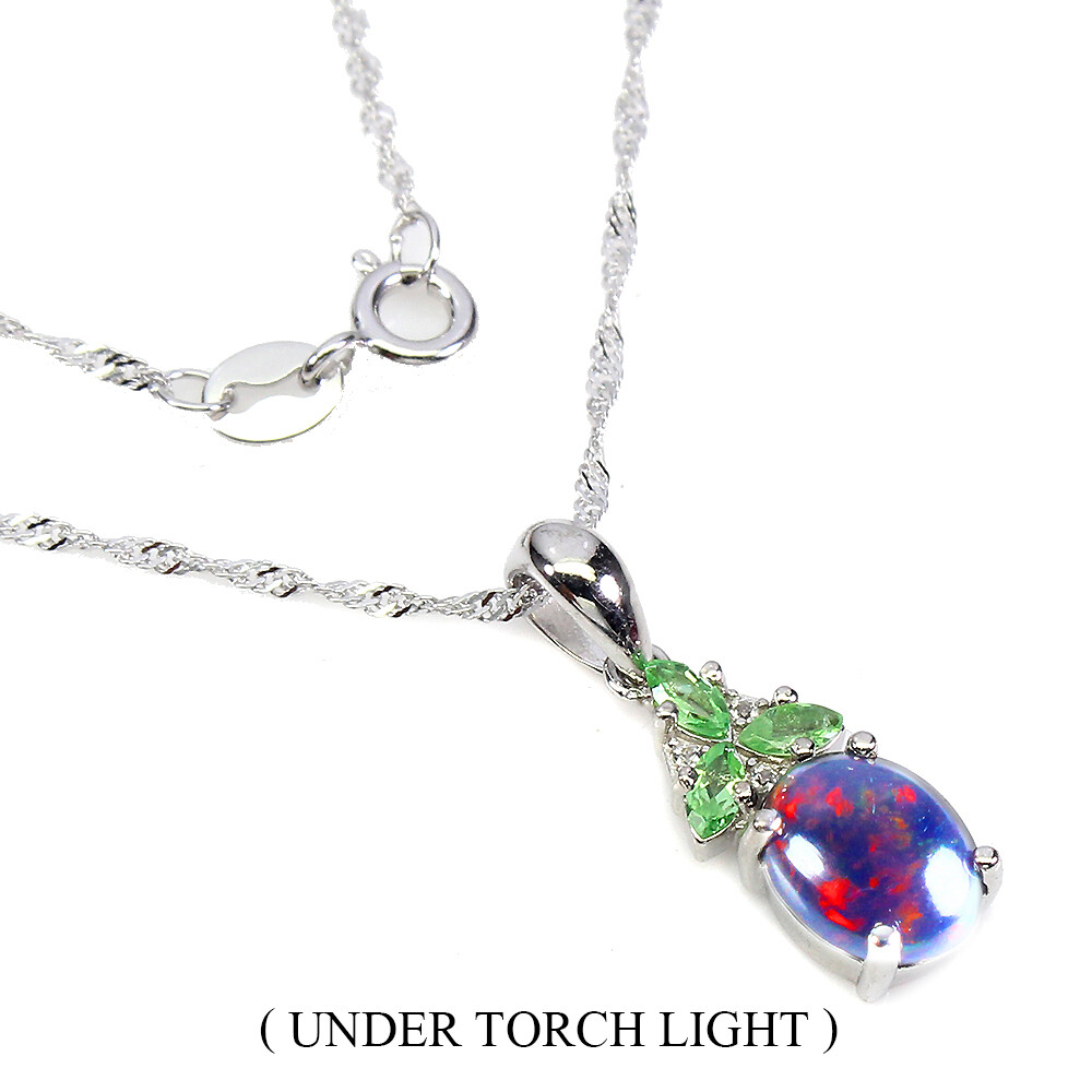925 Sterling Silver Necklace Oval Black Opal 9x7mm Tsavorite