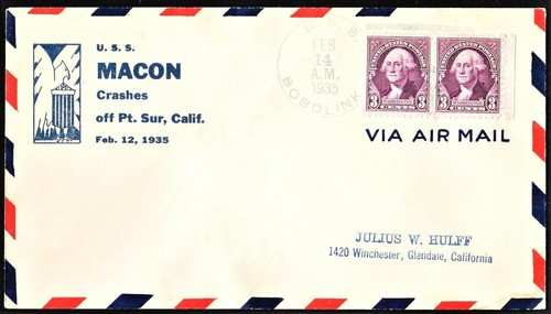 USS MACON BOBOLINK ZRS-5 Naval Zep Memorial Crash Cover Feb 14 1935 Hulff Cachet
