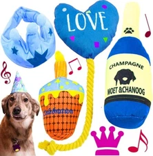 4 Pcs Dog Party Gift Champagne Plush Toy Birthday Cake Squeaky Crinkle Crown NEW