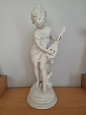 White Statue Child Musician Signed MOREAU