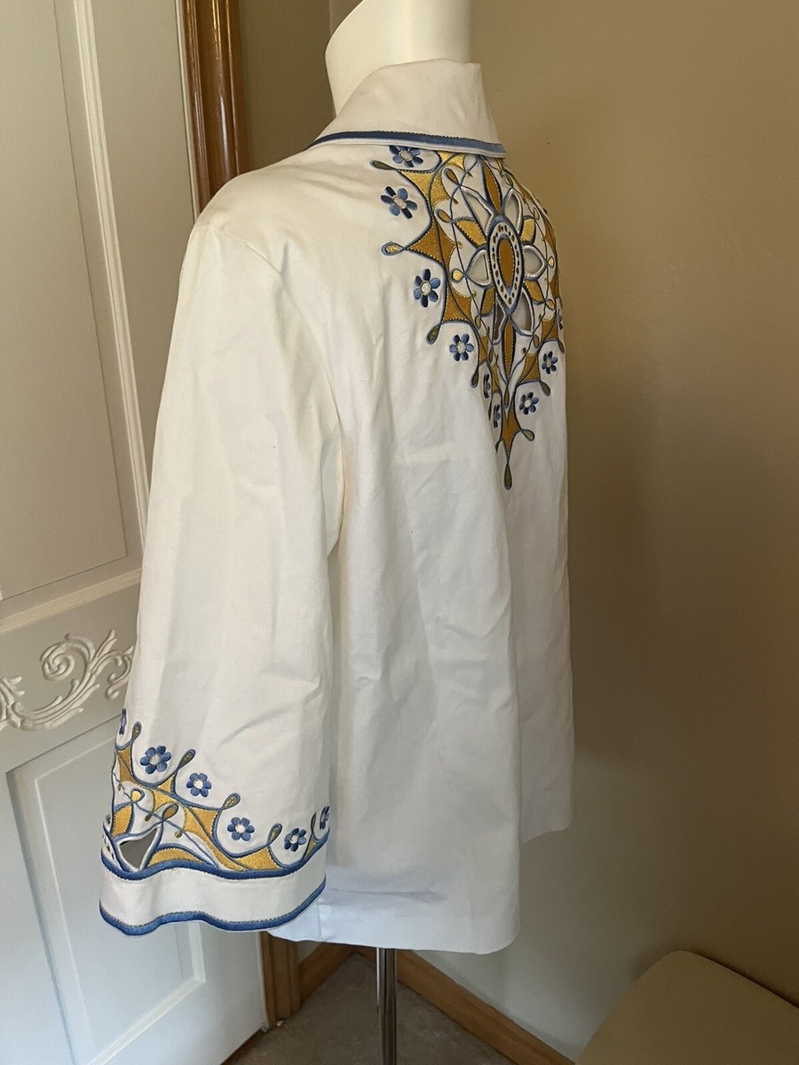 Bob Mackie Wearable Art White/Blue/Yellow Zip Up Shirt